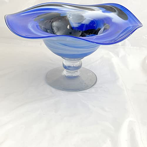 Bol en verre coloré sur pied transparent soufflé à la bouche - Bleu - Multicolore marbré - Assiette moderne en verre - Diamètre : 24 cm - Hauteur : environ 14 cm