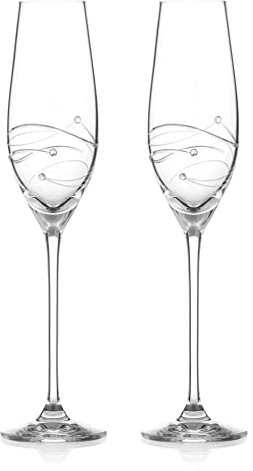 DIAMANTE Swarovski Champagne Flutes Prosecco Glasses Pair with ‘Spiral’ Hand Cut Design Embellished with Swarovski Crystals