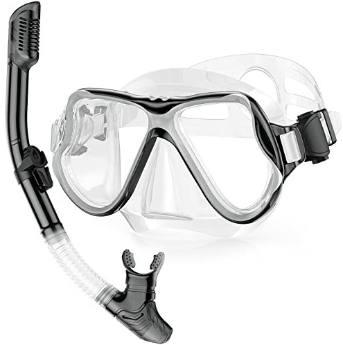 QcoQce Trocken Schnorchelset,Anti-Fog und Panorama-Weitblick Tauchmaske,Leichtes Atmen und Professionelle Schnorchelmaske mit Weichen Mundstück,Schnorchel Set für Erwachsene