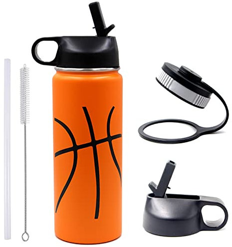 18 oz Basketball Water Bottle, Sports Cup Flask Metal Travel Mug with 2 Lids, Stainless Steel Double Wall Vacuum Leak Proof Insulated Water Bottles, Basketball Accessories Stuff Gifts for Boys Girls
