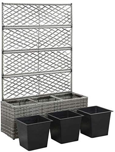 Ailgely Hochbeet mit Rankgitter Blumenkasten Rankkasten mit Rankhilfe für Kletterpflanzen Garten 3 Töpfe 83×30×130cm Poly Rattan Grau