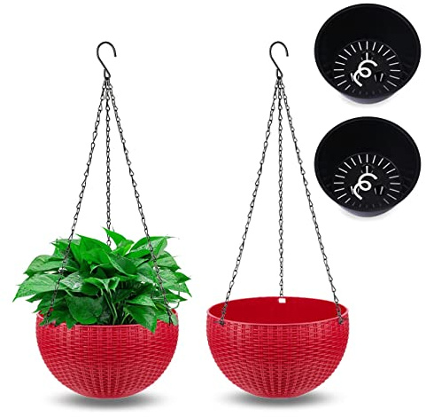 Moollyfox 2 Stück Blumenampel Außen, Ø 35cm Selbstbewässerung Blumentopf Hängend, Hängeampel Outdoor Kunststoff, Hängeblumentöpfe mit Rostfrei Ketten, Hängeampeln für Draußen Innen Decken Pflanzen
