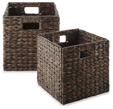Casafield 10.5 x 10.5 Water Hyacinth Storage Baskets, Espresso - Set of 2 Collapsible Cube Organizers, Woven Bins for Bathroom, Bedroom, Laundry, Pantry, Shelves