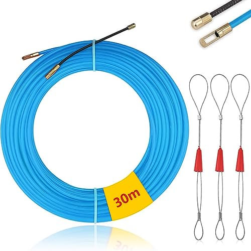 Mis.Moon 30m Kabeleinziehhilfe mit 3 Führungsfeder, φ4mm Einziehband Einziehdraht Einziehspirale, Kabeleinzug Einziehhilfen, Fischband Drahtzieher für Einzugsband zur Kabelverlegung (Blau)