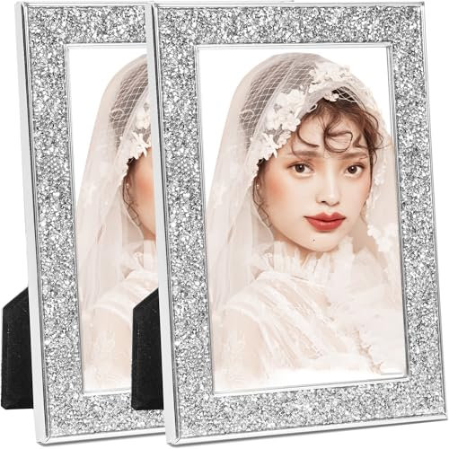 2 Stück Glitzer Bilderrahmen Diamanten 6x8 zoll Glas Fotorahmen Silber Fotorahmen Kristall für Tischplatte, Horizontal oder Vertikal, Dekorativer Bilderrahmen für Wohnzimmer, Schlafzimmer und Büro