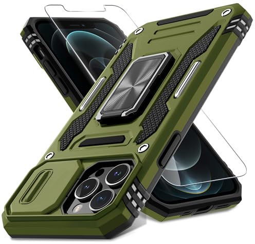 DEERLAMN Case for iPhone 13 Pro Max with Slide Camera Cover+Screen Protector(1 Pack),Rotated Ring Kickstand Military Grade Shockproof Protective Cover 6.7 Inch-Olive Green