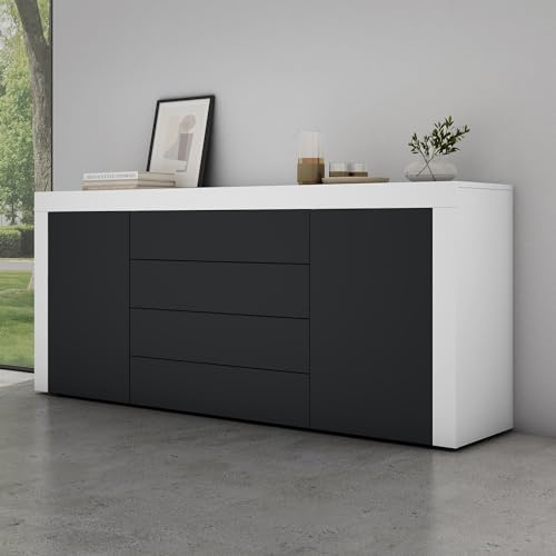 Mai & Mai Sideboard Kommode 167cm 4 Schubladen 2 Türen Stauraum | Kommode mit Schubladen & verstellbaren Böden, grifflos, matt Weiß & Anthrazit, für Wohnbereich, BxTxH:167x36x70cm, Schrank03