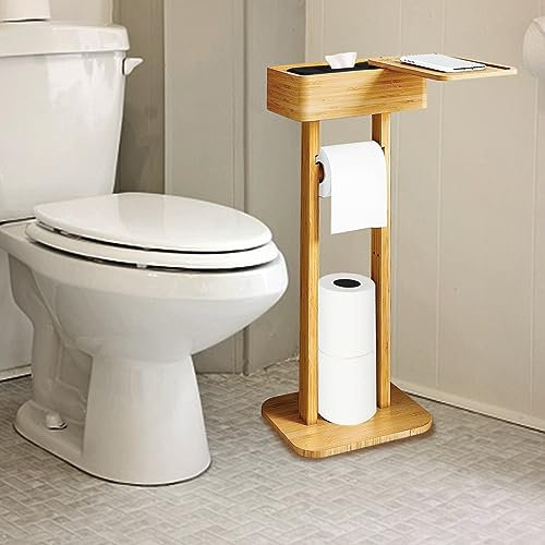 Toilettenpapierhalterständer Freistehender Toilettenpapierhalter mit oberem Ablagefach WC Papier Halterung Klopapierhalter Stehend aus Bambus für 3 Papierrollen, Badezimmerzubehör 25 x 20 x 64.5CM