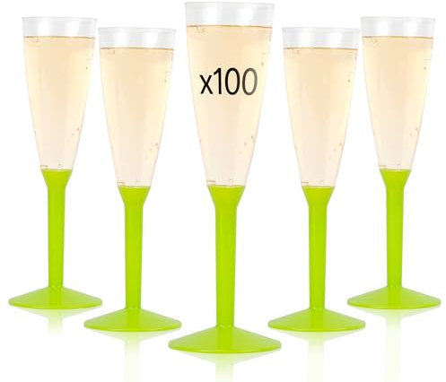 Lot de 100 Flutes Champagne Plastique Lavable et Réutilisable 14cl - Verre Plastique 100% Recyclable, Grande Stabilité, Rigidité Design Élégant - Parfait pour Anniversaire, Mariage (Vert Anis)