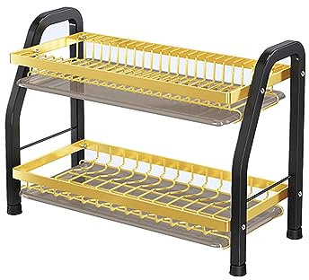 Escurridor de Platos Negro Dorado - Diseño Desmontable de 2/3 Niveles - Organizador de encimera de Cocina con Gran Capacidad - Incluye Soporte para Utensilios y Estante para Tazas