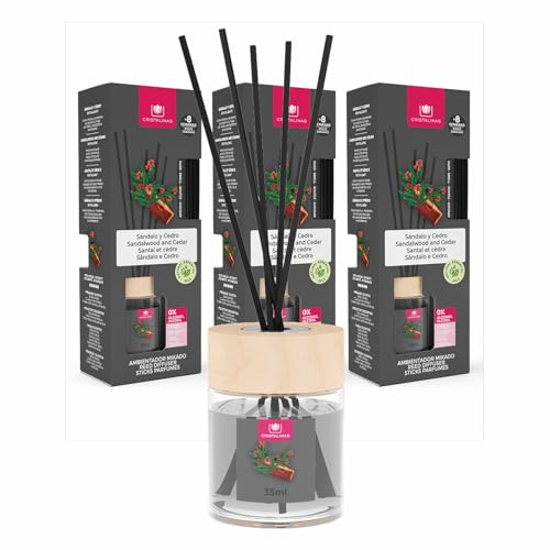 Cristalinas 35ml Sandalwood & Cedar Reed Diffusers for Home - Fragrance Lasts up to 8 weeks - Room Diffuser Sticks with Coloured Fragrance Oil - Pack of 3