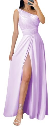 Vestidos de dama de honor de un hombro con bolsillos largos plisados vestido formal con abertura, Lila, 36