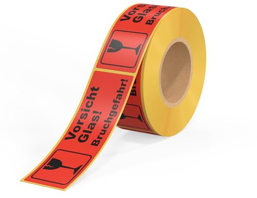 Multi-Shopping Warnetiketten auf Rolle - Vorsicht Glas Bruchgefahr - 150 x 50 mm - 500 Stück je Rolle - Kern: 76 mm Paketaufkleber