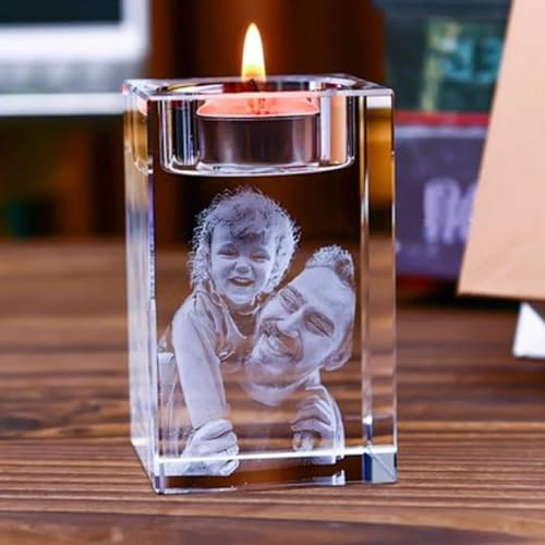 Personalisierter 3D-Foto-Kristall-Kerzenhalter, Individuelle 3D-Kristallfoto-Teelichthalter, Bild-Kerzenständer-Dekor for Hochzeit, Jahrestag, Geburtstag, Weihnachten, Heimdekoration(5X5X6CM)