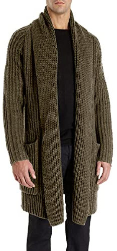 Runcati Mens Knitted Cardigan Long Shawl Collar Sweater Autumn Winter Chunky Knit Jacket Open Front Knitwear, Green, M