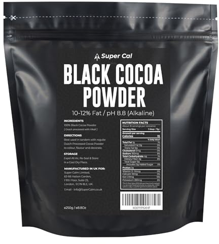 Super Cal Black Cocoa Powder for Baking - 250g Pouch - Dutch Processed | 250g Deep Black Dutch Processed Unsweetened Cocoa Powder | pH 8.8 (No Bitterness) 10-12% Fat | Black Cocoa Powder for B