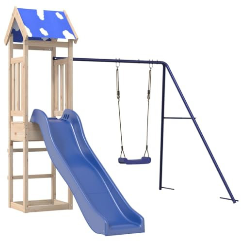 vidaXL Spielturm, Klettergerüst mit Dach Wellenrutsche Schaukel, Kinder Kletterturm Spiel-Zubehör für Garten, Holz Spielplatz Spielhaus, Massivholz Kiefer