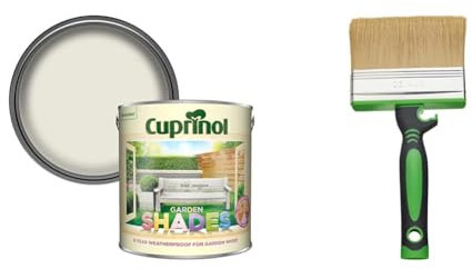 Cuprinol 2.5 litres Garden Shades - Pale Jasmine & Fit for The Job 4 inch Large Capacity Shed and Fence Block Brush for Rapid Painting of Sheds & Fence