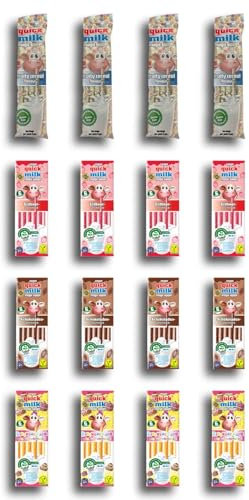 16 Packungen Quick Milk Trinkstrohhalmen á 5 Trinkhalme, Erdbeere, Schokolade, Vanille und Fruchtgeschmack mit Genussleben Transportschutz