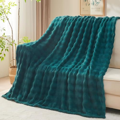 Wajade Coperta in pile con bolle in finta pelliccia, soffice coperta per letto, divano, auto, verde scuro, 153 x 203 cm