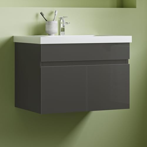 Aica Sanitär Waschtisch mit Unterschrank 60cm Bergen Badmöbel Set Hochglanz Anthrazit Waschbecken mit Unterschrank MDF Softclose