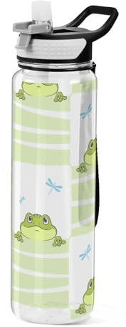 Mnsruu Bouteille d'eau transparente avec paille - Bouteille d'eau étanche en plastique Tritan sans BPA - Motif grenouille et libellule - Pour le sport, le bureau, l'école - 1 litre