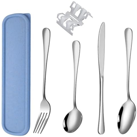 Set Posate da Viaggio Portatili, Set di 6 Pezzi Riutilizzabili in Acciaio Inox Forchette, Cucchiai E Coltello con Custodia per Campeggio, Scuola e Lavoro (Blu)