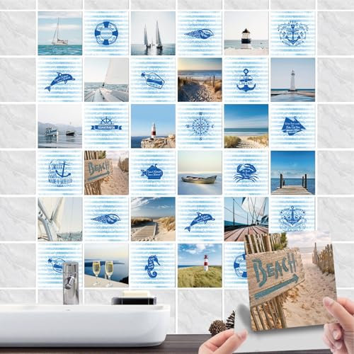 36 Stück Fliesenaufkleber Bad & Badezimmer Selbstklebende- Fliesenfolie PVC mit Leuchtturm Strand Maritime Deko-Wasserdicht Quadratisch Fliesensticker für Wand-fliesen Dekorative (01, 20x20cm)