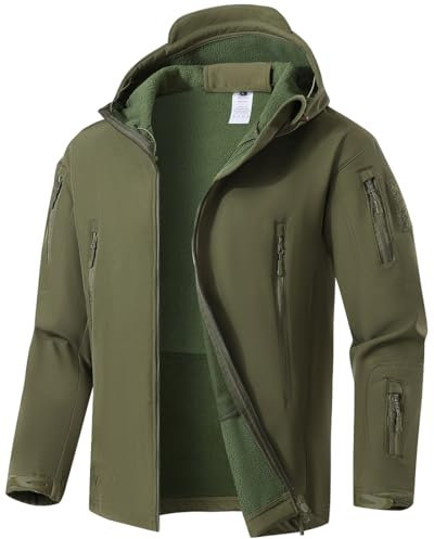 WINKEEY Giacca da Uomo Giacca Softshell con Cappuccio Autunno Invernale Giacca esterna impermeabile e antivento foderata in pile caldo,verde L