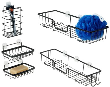 Amazon Basics Étagère de douche adhésive en acier inoxydable, 5 pièces, Noir