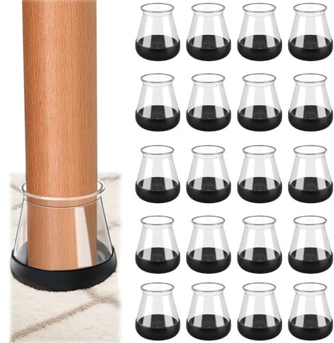 Aieino Lot de 24 patins de pieds de chaise en silicone avec coussinet en téflon anti-rayures pour la maison et le bureau (noir M, 20 à 30 mm)