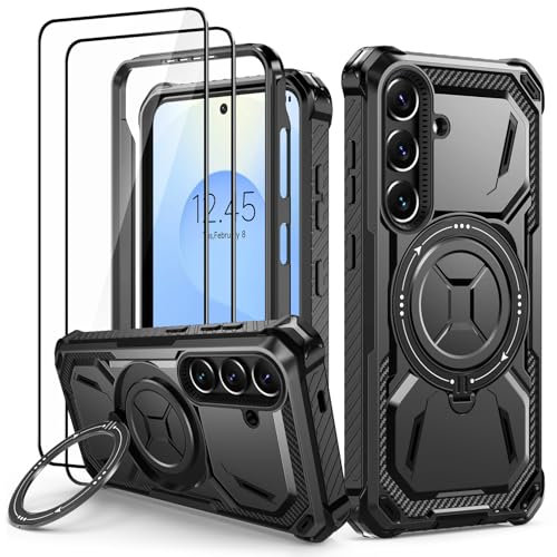 Lanhiem für Samsung Galaxy S25 Hülle mit 2 Stück Schutzfolie, 360° Ring Ständer Schutzhülle, Militärischer Stoßfest Handyhülle für Samsung Galaxy S25 Case, Schwarz