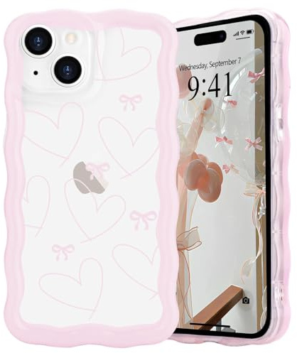 L-FADNUT Bow Case for iPhone 14, Curly Wavy Frame Cute Girly Bow Ribbon Pretty Phone Case, Soft Wave Clear Slim Silicone Shockproof Anti-scratch Cover for Women Girl, Big Heart
