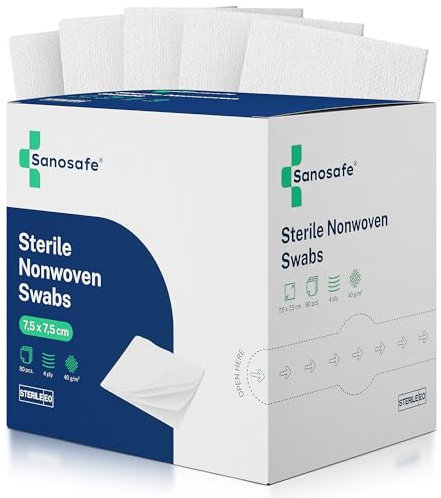 Sanosafe® Sterile Non-Woven Swabs 7.5x7.5 cm | Medical Lint-Free Wound Pads | Soft & Absorbent EO Sterilised Compresses | 80 Pieces per Box