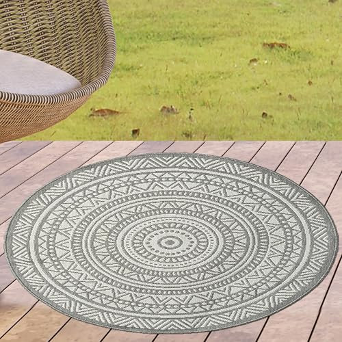 CARPETIA Outdoorteppich Indoorteppich Terrassen Teppich Balkonteppich Innenbereich mit stilvollem Mandala-Design in Grau und Creme, 120 cm Rund