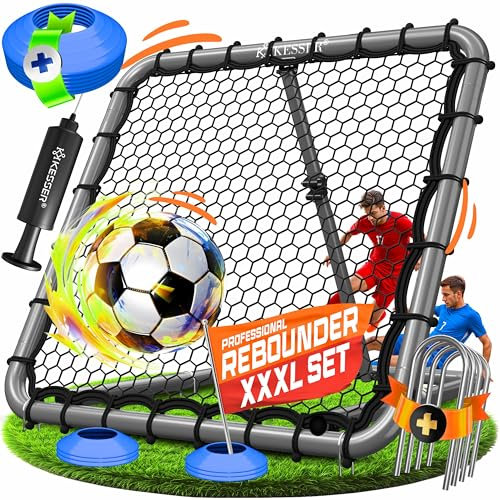 KESSER® Fußball Rebounder 100x100 cm | Verstellbares Trainingsnetz | Pass- und Schusstraining | inkl. Luftpumpe, 6 Markierungshütchen & 4 Widerstandshaken | für Handball, Volleyball | Prellwand