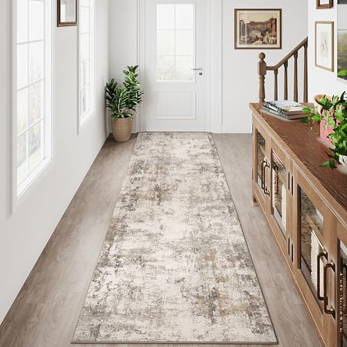 HUGEAR Braun Grau Läufer Flur Teppich 60x240cm Waschbarer | Waschbarer Modern Abstrakter Läufer, Rutschfest, Kurzflorig, Weich, für Flur, Küche, Teppichflur, Schlafzimmer