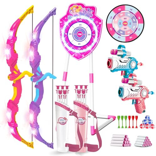 VATOS Juego de 2 juguetes de tiro con arco y flechas LED para niños de 5 a 12 años, arco luminoso y objetivo de ventosa de sirena, diana de 73 cm, juguete interior y exterior, regalo para niñas y