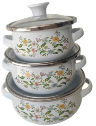 Sharplace 3-teiliger Kochtopf Emaille Suppentopf, Induktionstopf mit Deckelgriffen, Gemüsetopf mit Antihaftbeschichtung, Mini-Pastatopf Emaille Kochgeschirr für Haushalt, Restaurant, Camping, Blume