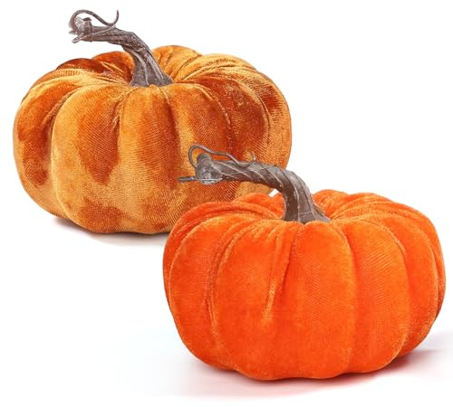 Coferset 2-teiliges Samt-Kürbis-Deko-Set, künstliche Herbst-Kürbis-Dekoration für Halloween, Erntedankfest, Ernte, Tischdekoration (Orange und Gold)