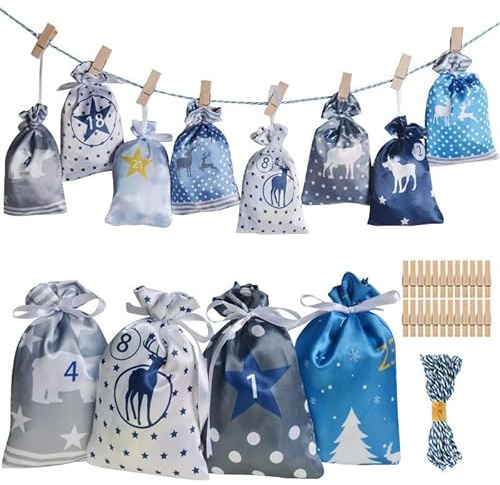Adventskalender zum Befüllen Stoffbeutel, 24 Stoffsäckchen Kette zum Selberbasteln und Aufhängen, Weihnachtskalender zum Selbstbefüllen mit Blau Grauen Stoffsäckchen