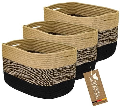 HMF Aufbewahrungskorb mit versteckten Griffen, 3er Set, Korb aus Baumwolle | 37,5 x 25 x 22,5 cm | Schwarz-Honig