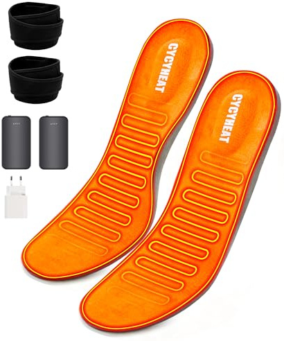 CYCYHEAT Beheizbare Einlegesohlen Herren Damen 3,7V 4000mAh Akku | 2×4000mAh Akkus mit 10W Ladegerät, Beinbefestigung, Zuschneidbar, 30 Sek. Schnellaufheizung