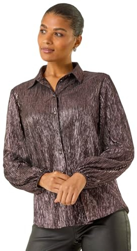 Roman Originals Foil Plisse Button Through Blouse for Women UK - Ladies Everyday Autumn Winter Shirt Style Collar Comfy Soft Evening Vacation Work Party Night Out - Rose - Size 10