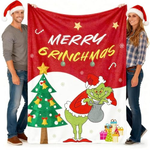 Lustige Weihnachtsdecke 150x130 cm aus Polyester - Weiche Weihnachtskuscheldecke mit Festlichen Motiven, Flauschdecke für Sofa, Bett, als Geschenk für Familie und Haustiere, Einfach Waschbar (A)