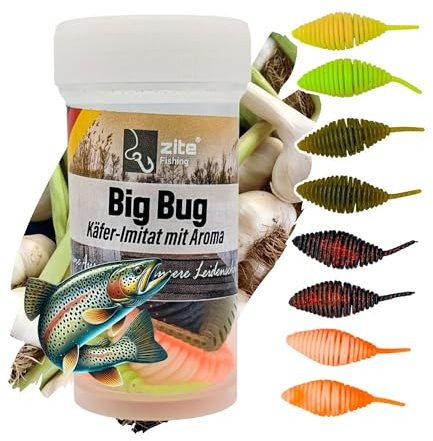 Zite Fishing Big Bug Forellenköder Gummi | Käfer-Imitat 5 cm 8 Stück | Knoblauch & Käse Flavour | Made in Germany | Phthalatfrei | UL Twitchköder am Tungsten Jighaken