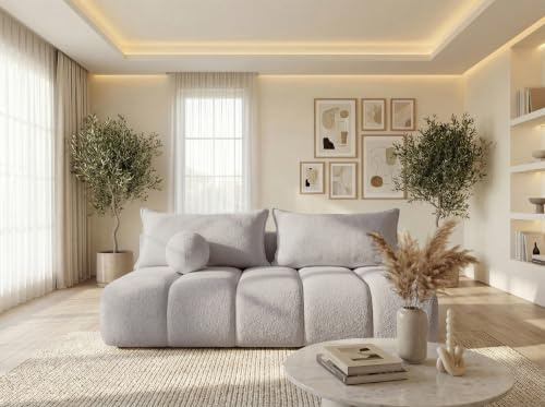WFL GROUP Schlafsofa mit Bettkasten – 3-Sitzer Sofa Couch mit Schlaffunktion, Bettfunktion – Skandinavische Polstercouch im modernen Design – Weicher Bouclé, Bouclestoff – Sand Beige