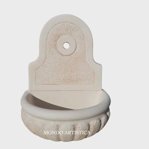 MONDO ARTISTICA Fontana da Parete Sospesa per Giardino, Cemento Bianco e Polvere di Marmo, Piccola, Per esterno altezza 48 cm