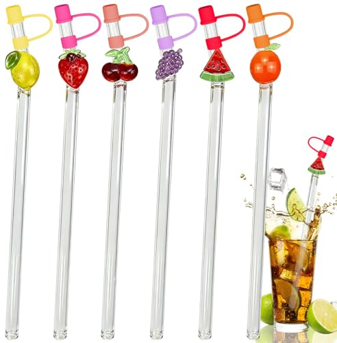 6 Set Glass Straws with Straw Lid, Reusable Drinking Straws