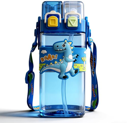 WFKKMEQ Dinosaurio Botella de Agua, 520ml Deportiva Cantimplora Portátil Botella de Agua Deportiva Kawaii Prueba de Fugas Reutilizable Botellas Aguas con Correa para Colegio, Bicicleta, Running